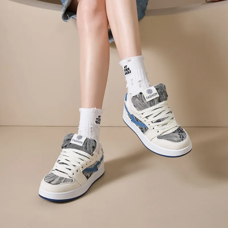 Yiya Anti Slip And Wear Resistant Height Increasing Low Top Skateboard Shoes Women's Denim Blue-2