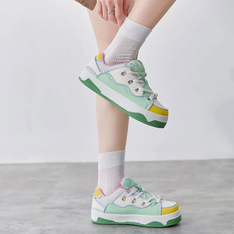 Yiya Dopamine Dressing Versatile Minimalist Style Low-Top Skateboard Shoes Women's Green Yellow-5