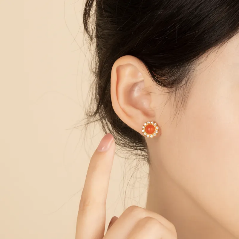 The Heart Is Like A Lotus South Red Agate Jade Stud Earrings Unisex-3