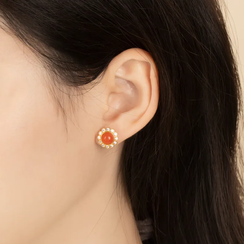 The Heart Is Like A Lotus South Red Agate Jade Stud Earrings Unisex-1