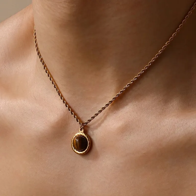 FOREVER MELODY Tiger's Eye Stone Necklaces Unisex-3