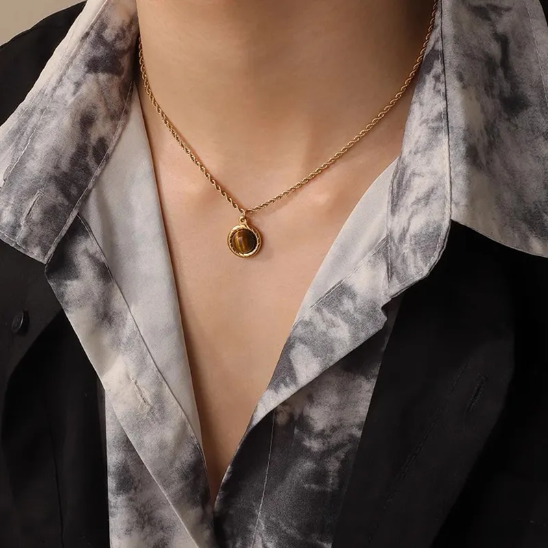 FOREVER MELODY Tiger's Eye Stone Necklaces Unisex-5