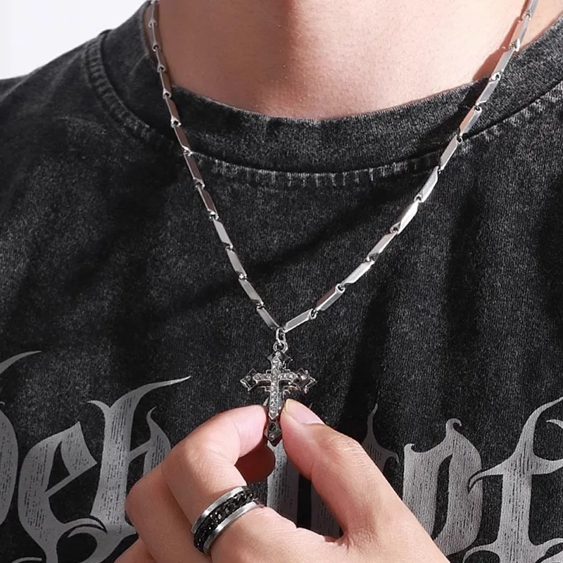 FOREVER MELODY Titanium Steel/Zircon Necklaces Men's-2