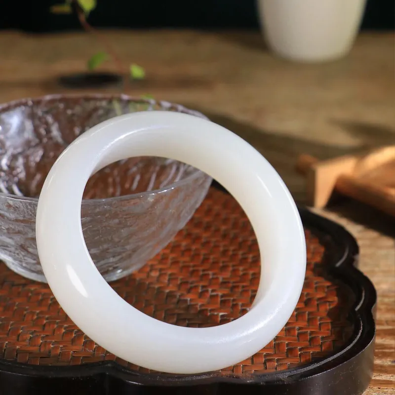 Silver Trim Hetian Jade Bangles White Jade Unisex-5