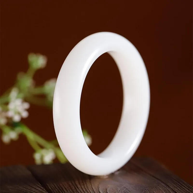 Silver Trim Hetian Jade Bangles White Jade Unisex-1