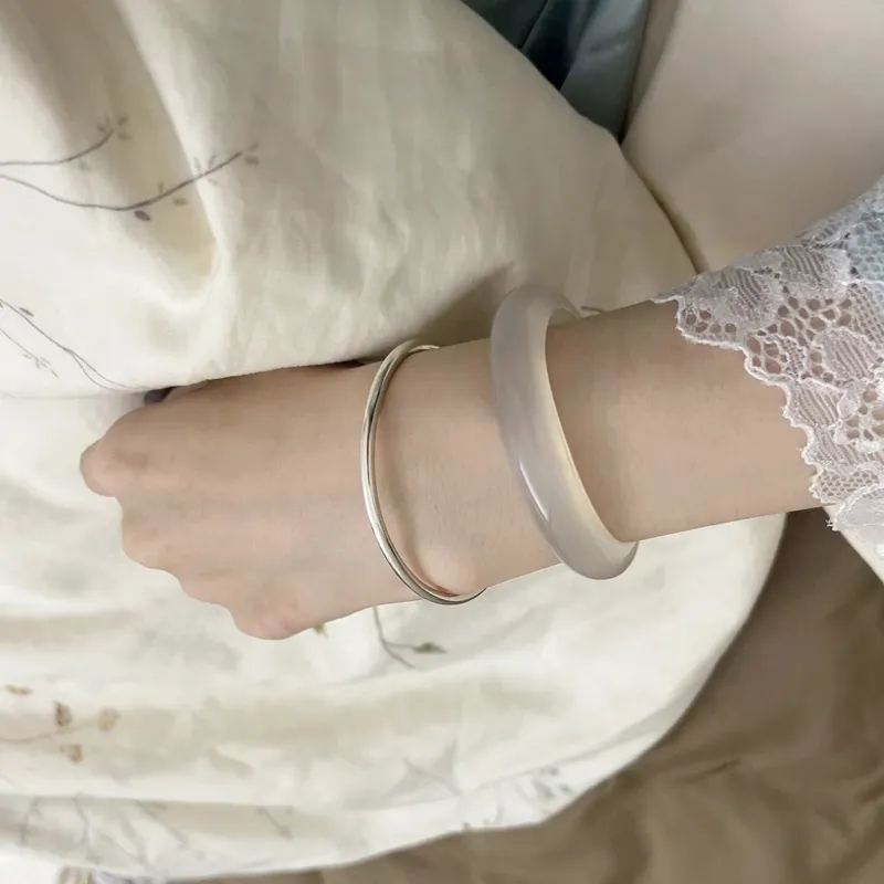 Silver Trim Chalcedony Jade Bangles Women's-8