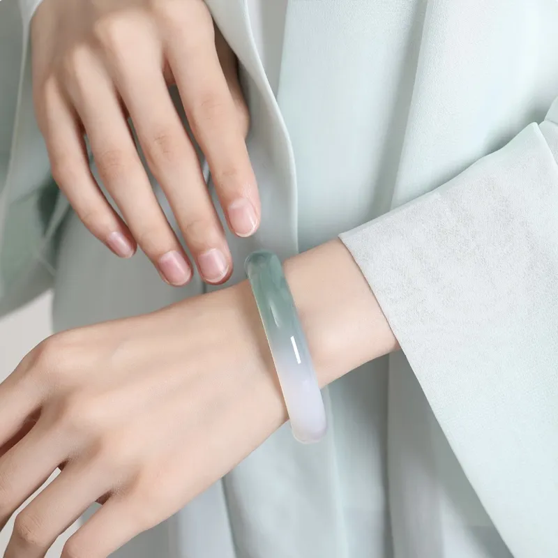Silver Trim Chalcedony Jade Bangles Women's-1