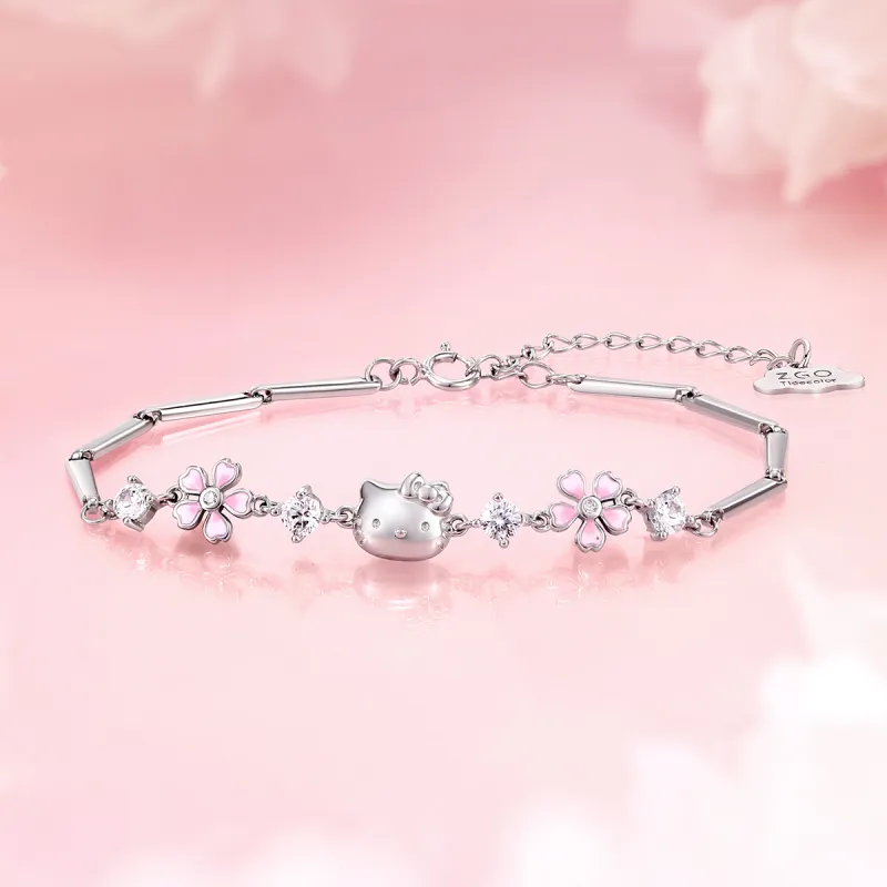 Hello Kitty 925 Sterling Silver Sanrio Bowknot Box Sterling Silver Niche Design Hand Chain Women's Pink-2