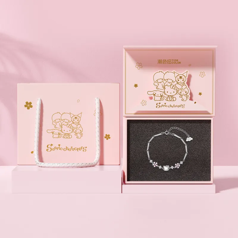 Hello Kitty 925 Sterling Silver Sanrio Bowknot Box Sterling Silver Niche Design Hand Chain Women's Pink-5