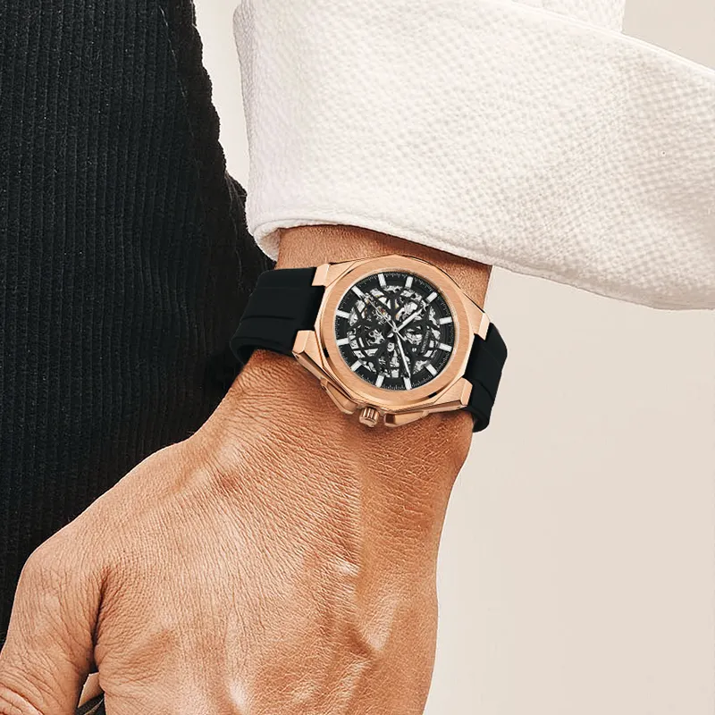 DANIEL GORMAN Daniel Golman Watch For Men Mechanical Movement Silicone Strap Watch Men's Watches Black Dial-5