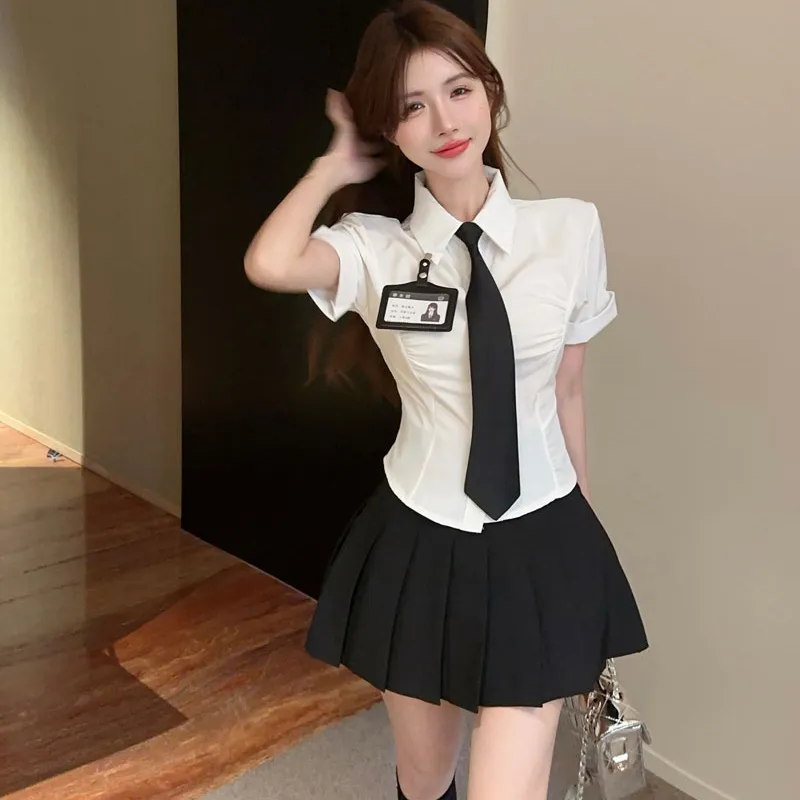 Garbege Uniforms Women's White Shirt+Black Skirt Tie Clothing Sets-2
