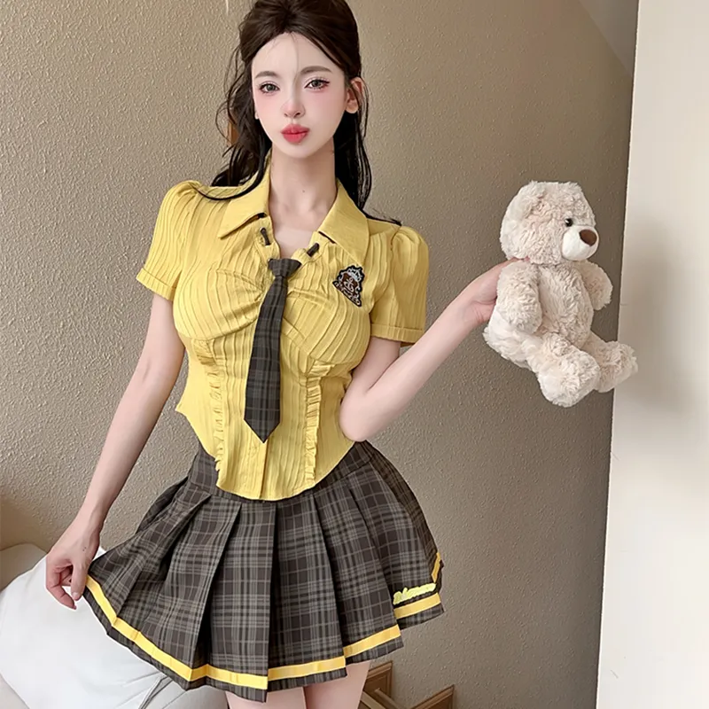 Garbege Uniforms Women's Yellow Top Tie+Gray Skirt Set-5
