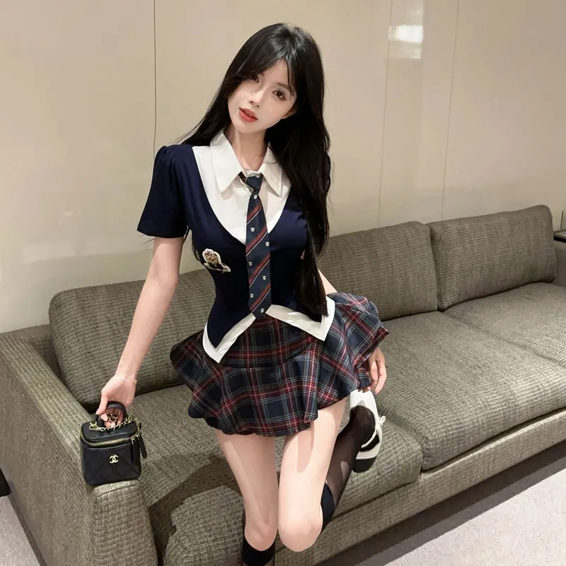 Garbege Uniforms Women's Shirt Tie Plaid Skirt Clothing Sets-4