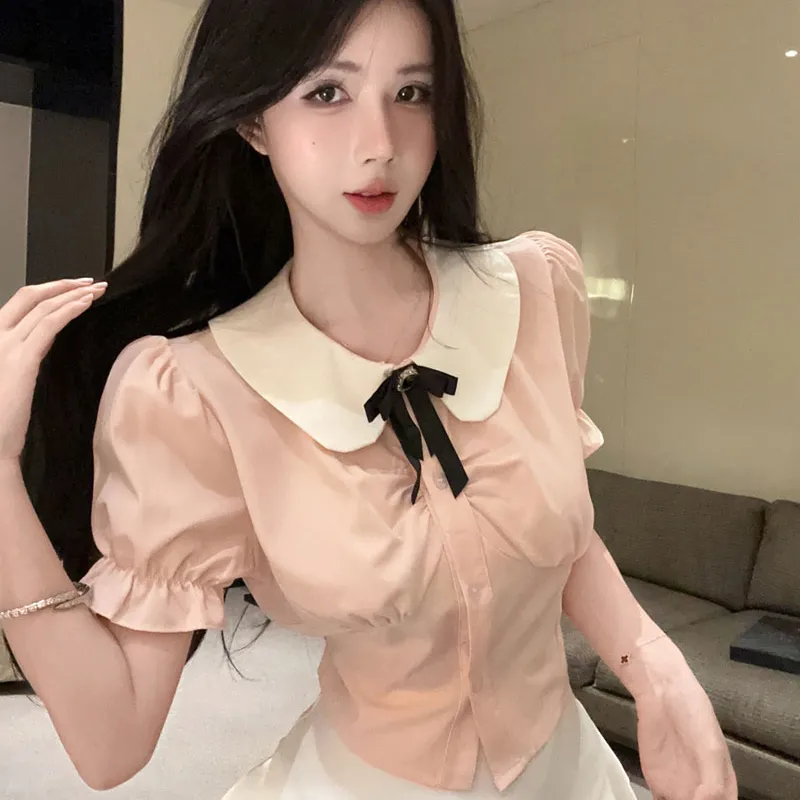 Garbege Uniforms Women's Pink Shirt+White Skirt+Bow Tie Clothing Set-5