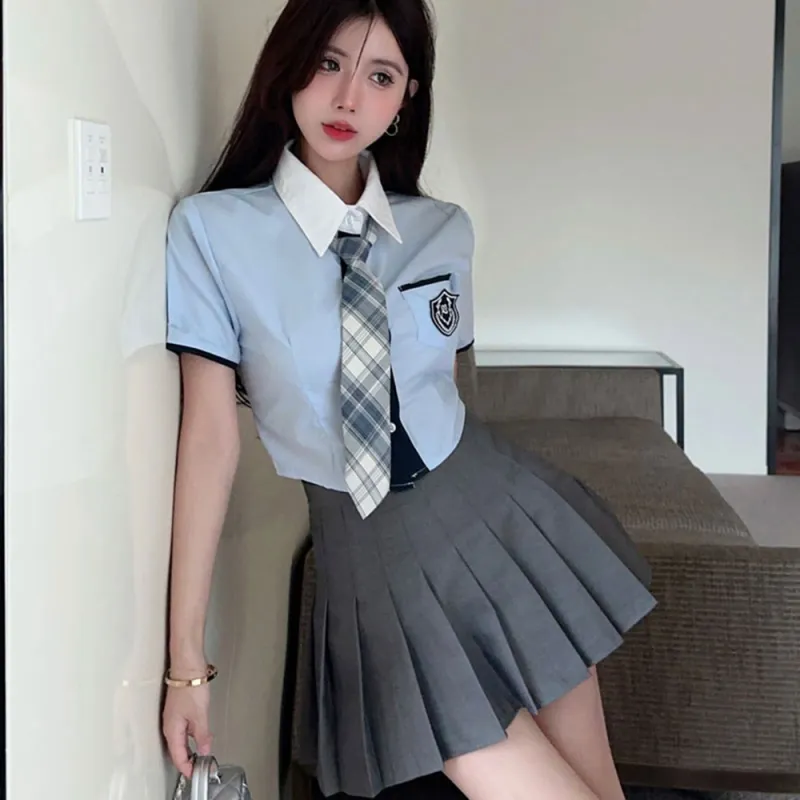 Garbege Uniform Women's Blue Shirt Tie Gray Skirt Set-2