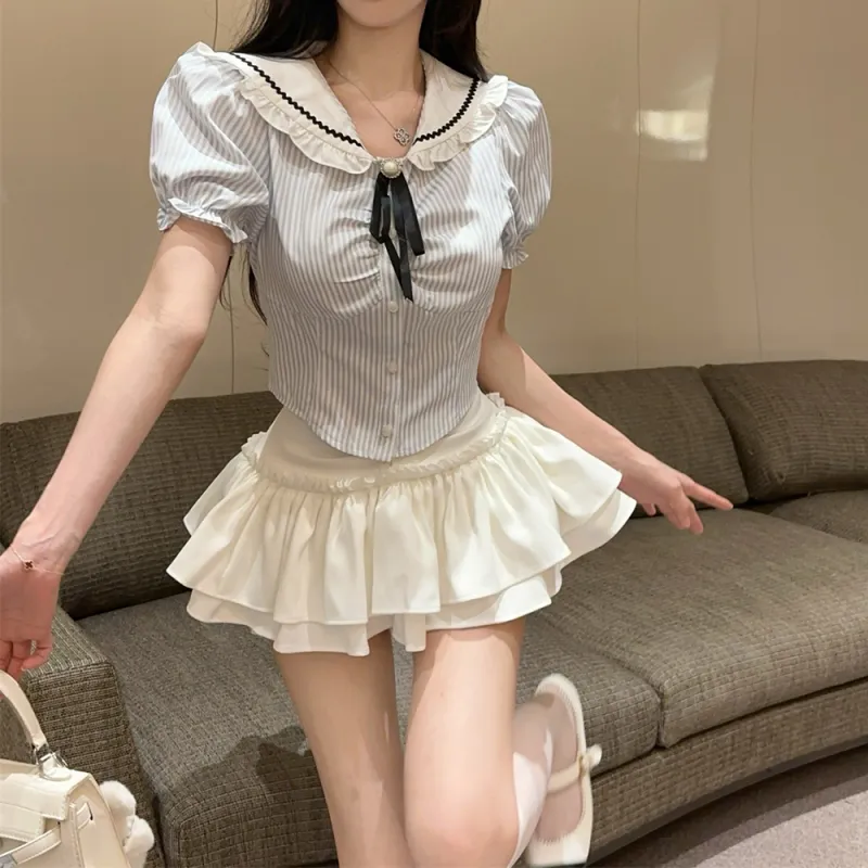 Garbege Uniforms Women's White Shirt Bow Tie+White Skirt Clothing Set-4