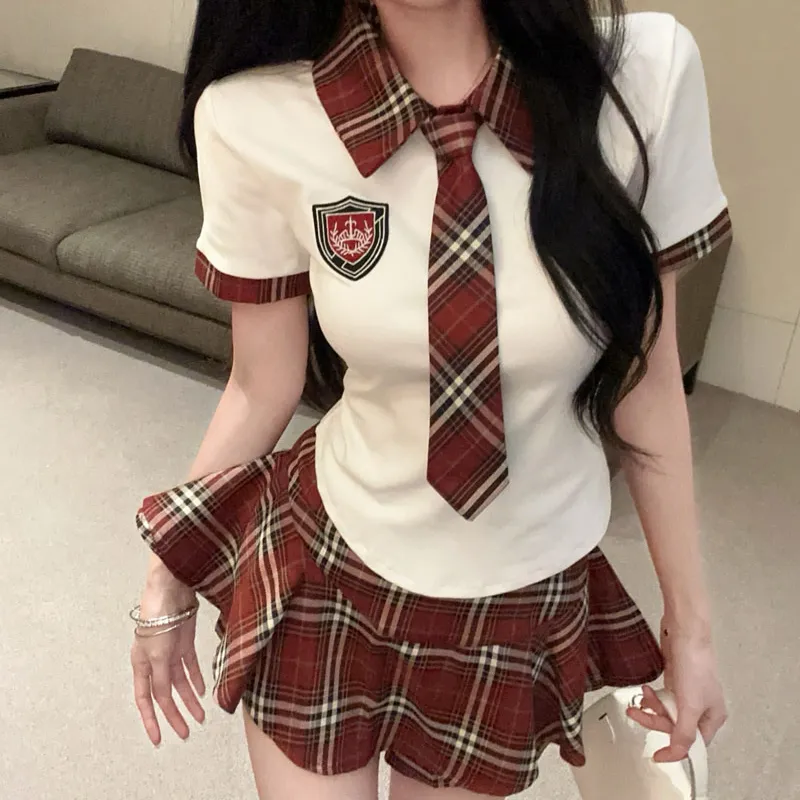 Garbege Uniforms Women's White Top+Plaid Skirt Tie Clothing Sets-3