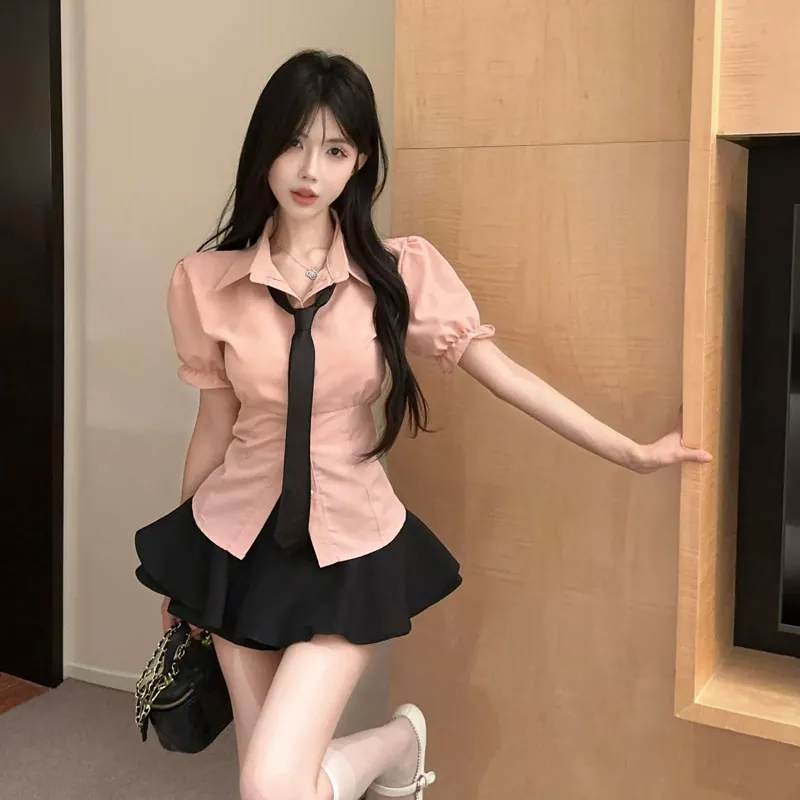 Garbege Uniforms Women's Pink Shirt+Black Skirt Tie Clothing Sets-2