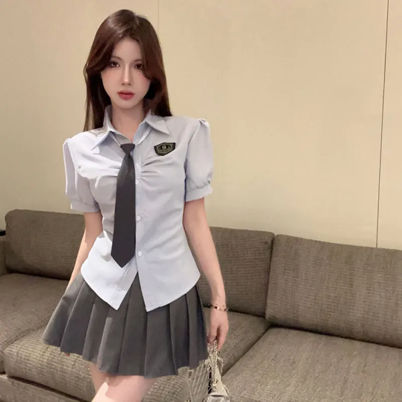 Garbege Uniform Women's Shirt Tie Pleated Skirt Set-3