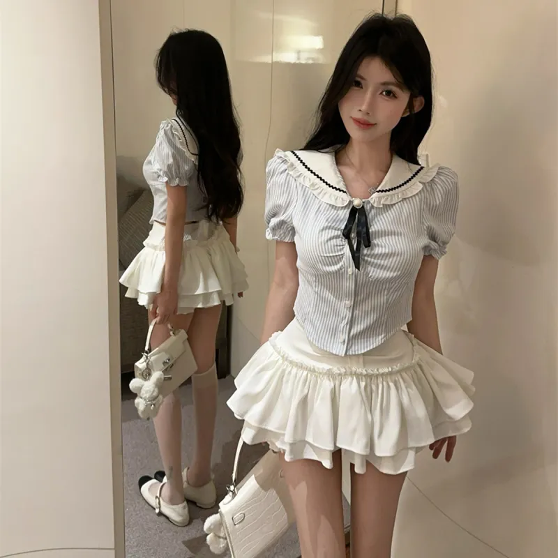 Garbege Uniforms Women's White Shirt Bow Tie+White Skirt Clothing Set-1