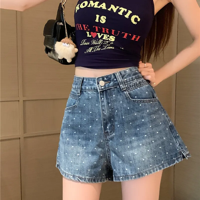 Garbege Denim Shorts Women's Blue Polka Dot Hot Pants-2