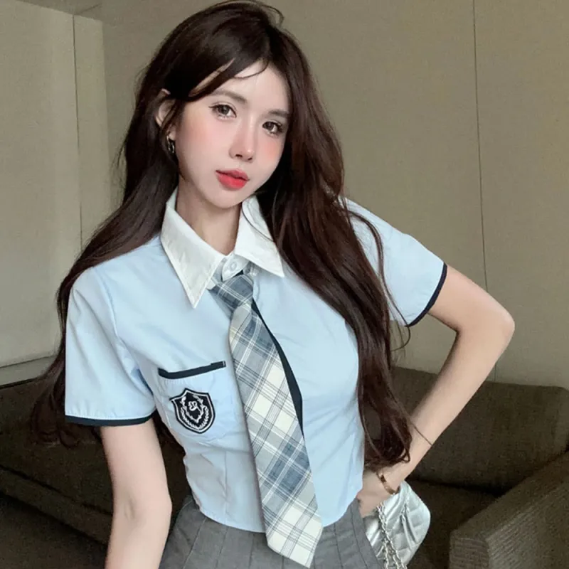 Garbege Uniform Women's Blue Shirt Tie Gray Skirt Set-6