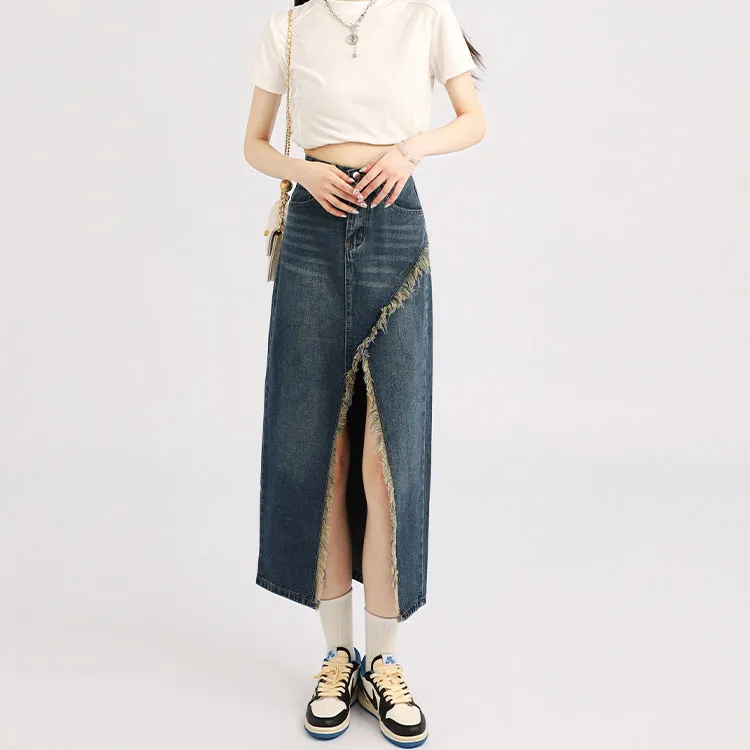 Garbege Denim Long Skirts Women's Blue-4