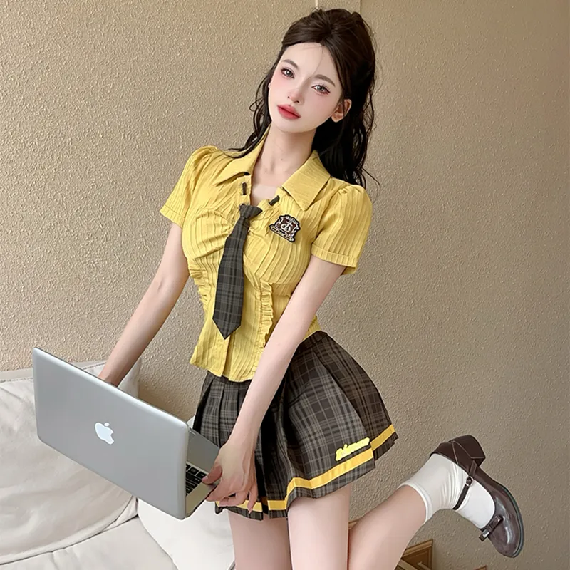 Garbege Uniforms Women's Yellow Top Tie+Gray Skirt Set-4