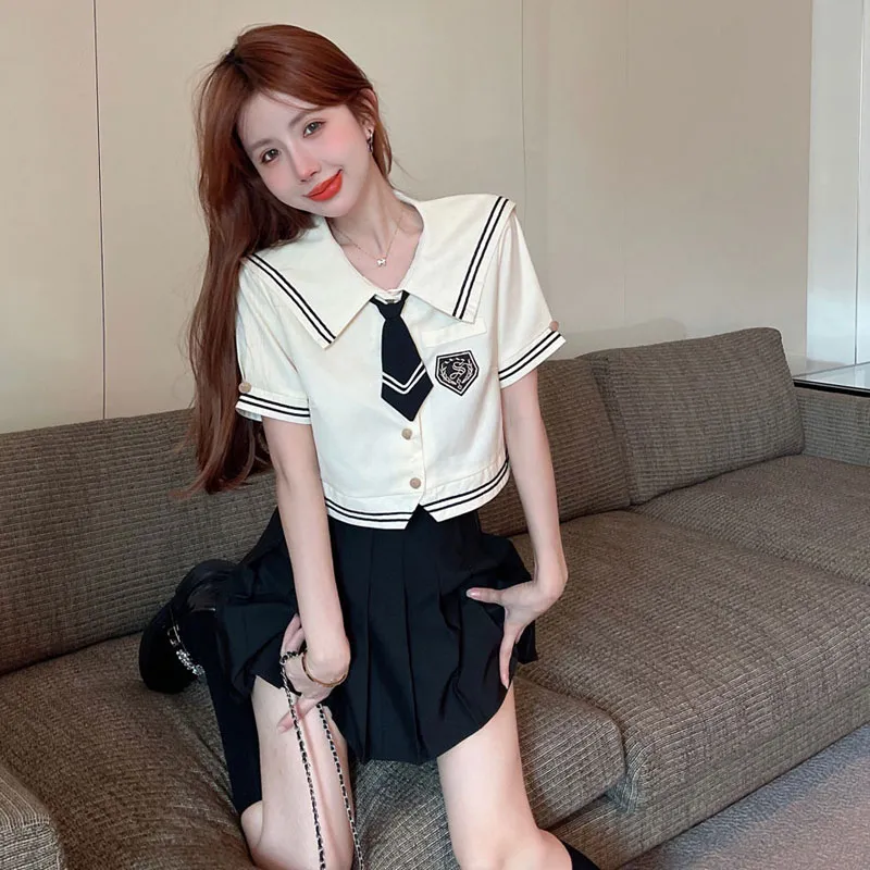 Garbege Uniforms Women's Apricot Shirt Bow Tie Black Skirt Set-3