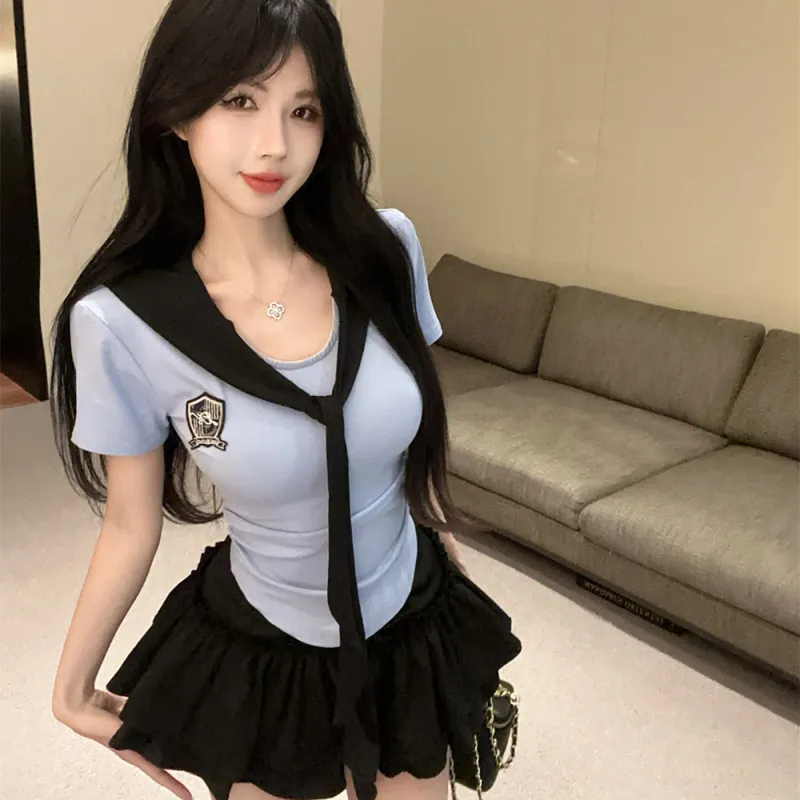 Garbege Uniforms Women's Blue Top+Black Skirt Set-4
