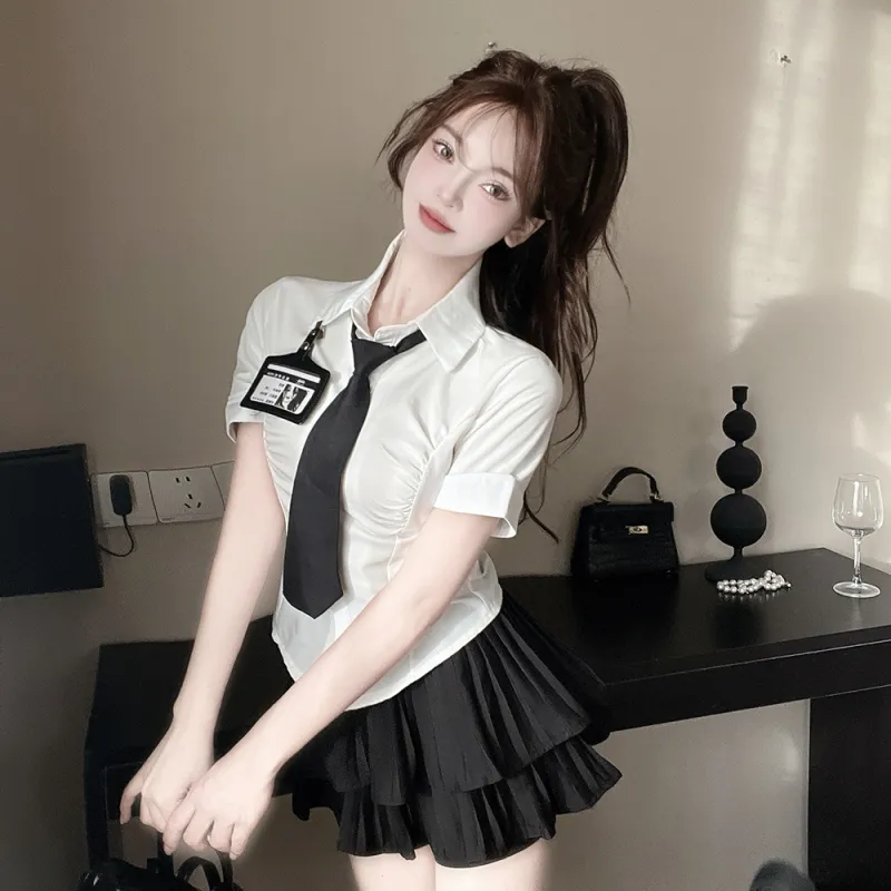 Garbege Uniforms Women's White Jacket With Name Tag+Black Skirt-4