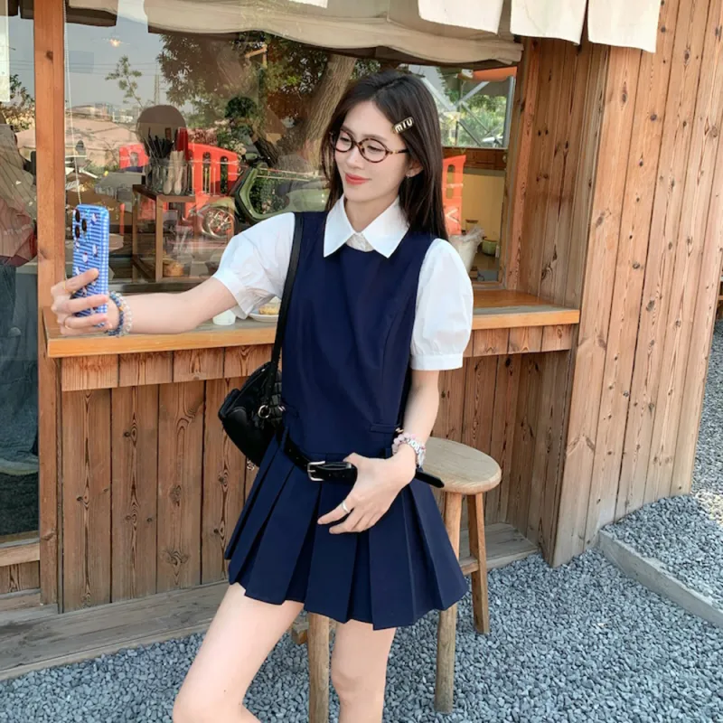 Garbege Two Piece Skirt Sets Women's White Top Navy Blue Dress-5