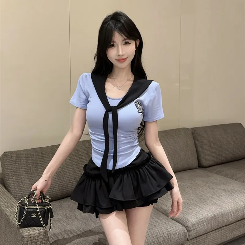 Garbege Uniforms Women's Blue Top+Black Skirt Set-2