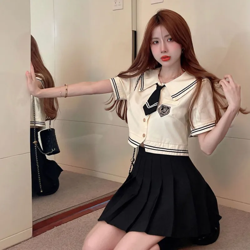 Garbege Uniforms Women's Apricot Shirt Bow Tie Black Skirt Set-2