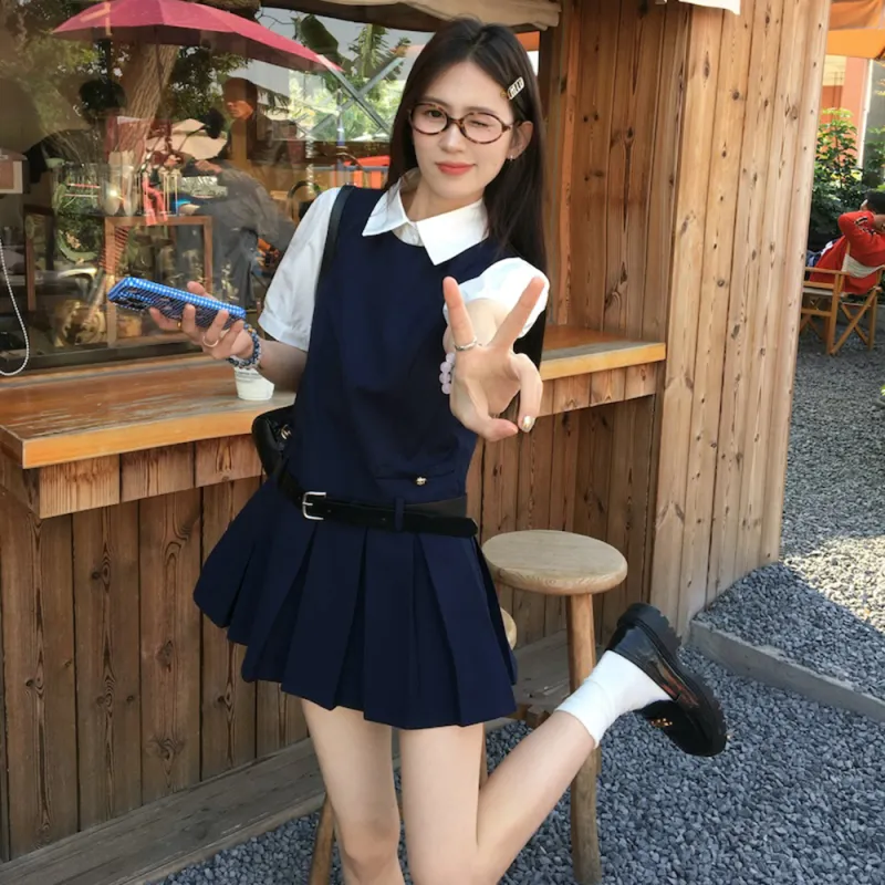 Garbege Two Piece Skirt Sets Women's White Top Navy Blue Dress-3