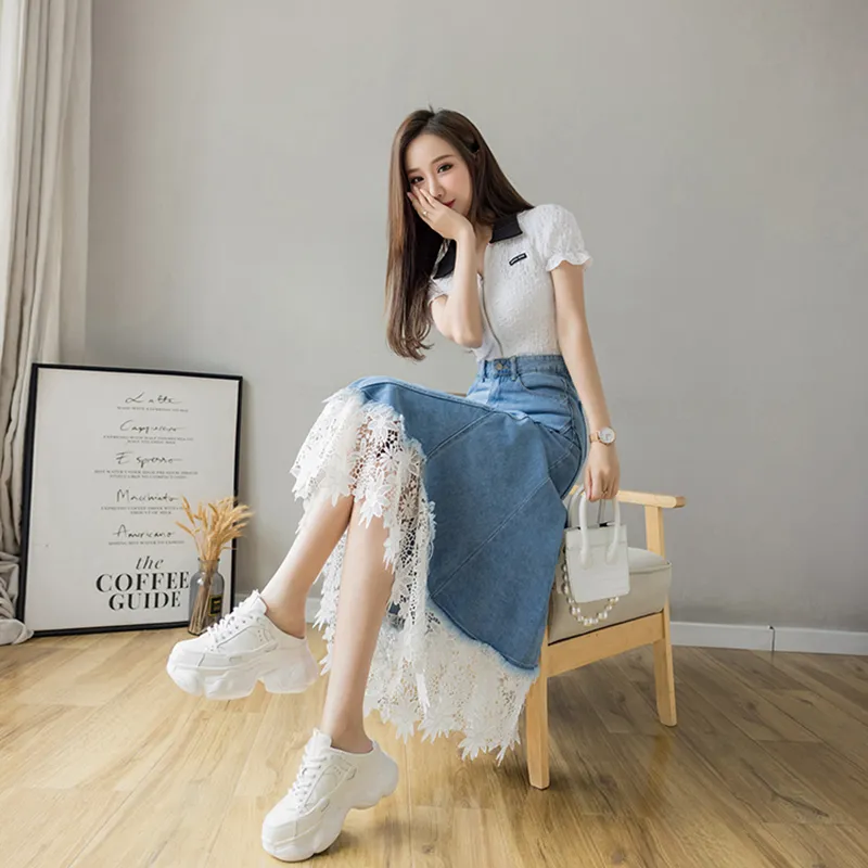 Garbege Denim Long Skirts Women's Blue-5