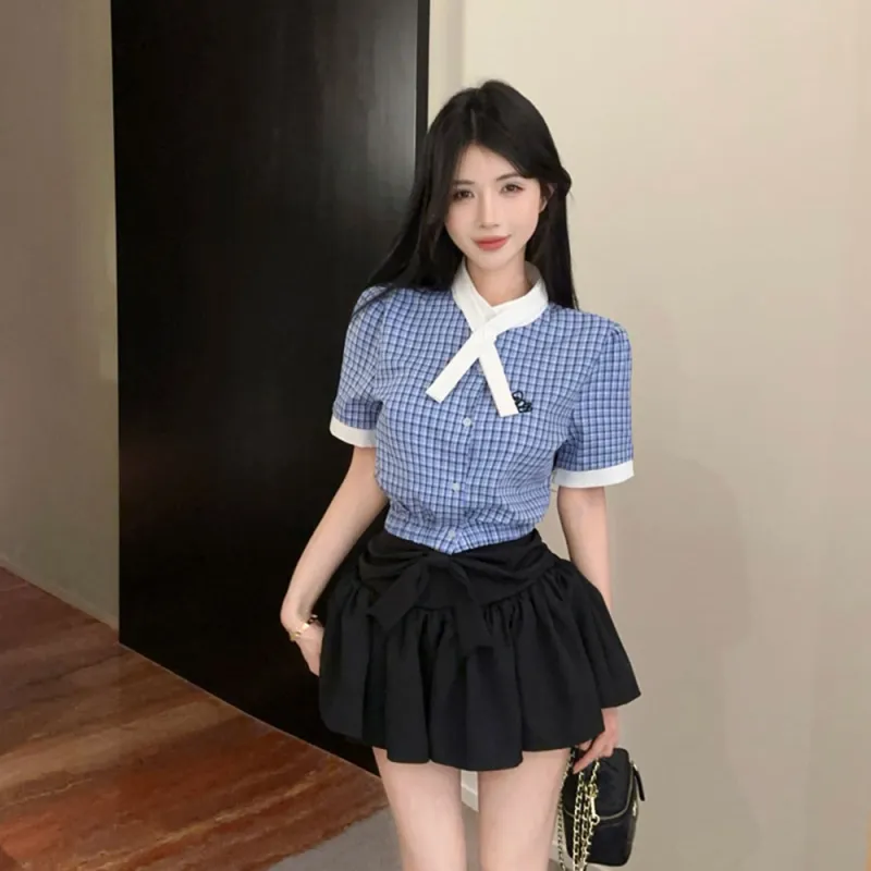 Garbege Uniform Women's Blue Shirt Bow Tie Black Skirt Set-6