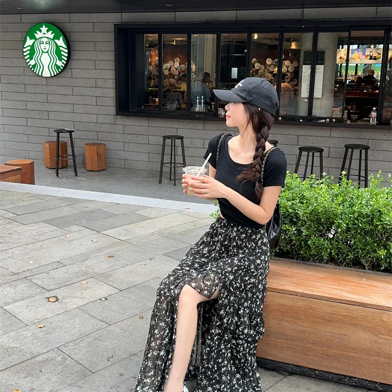 Garbege Casual Long Skirts Women's Black Floral-3