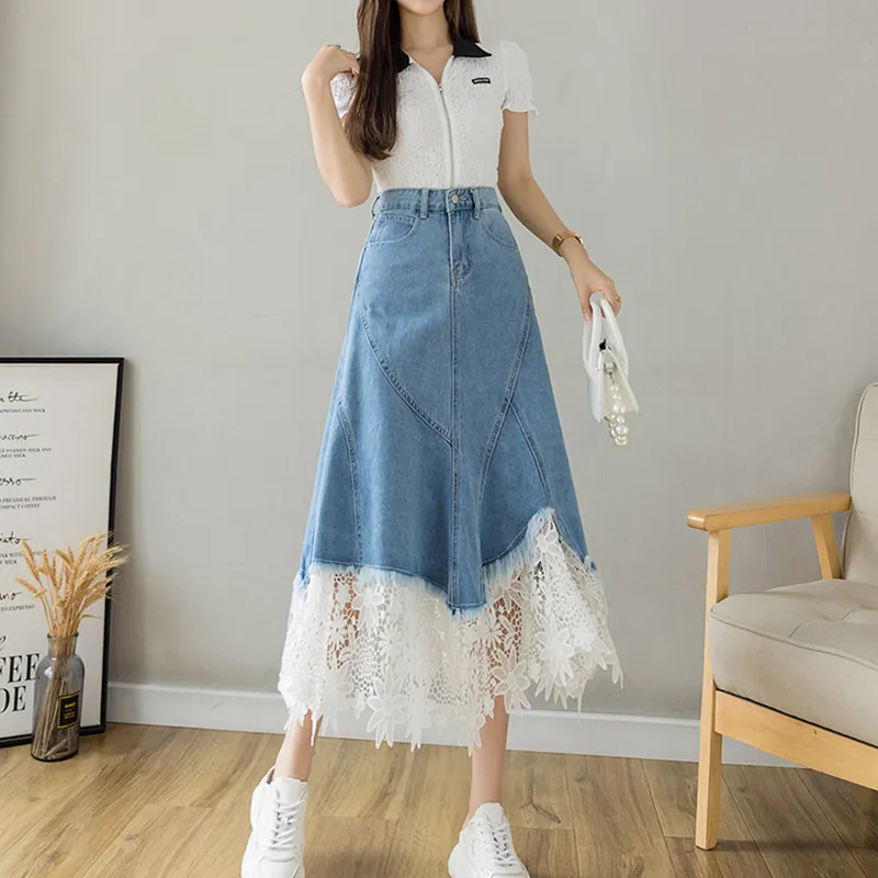 Garbege Denim Long Skirts Women's Blue-2