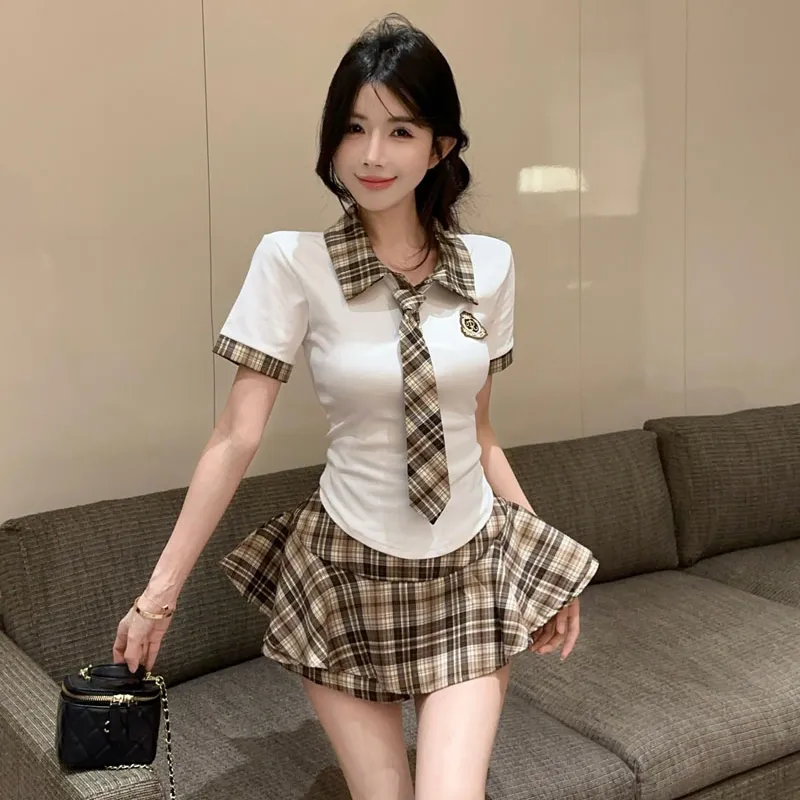 Garbege Uniforms Women's White Top+Plaid Skirt Tie Clothing Sets-2