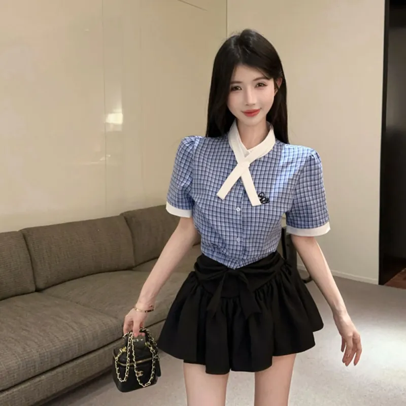 Garbege Uniform Women's Blue Shirt Bow Tie Black Skirt Set-4