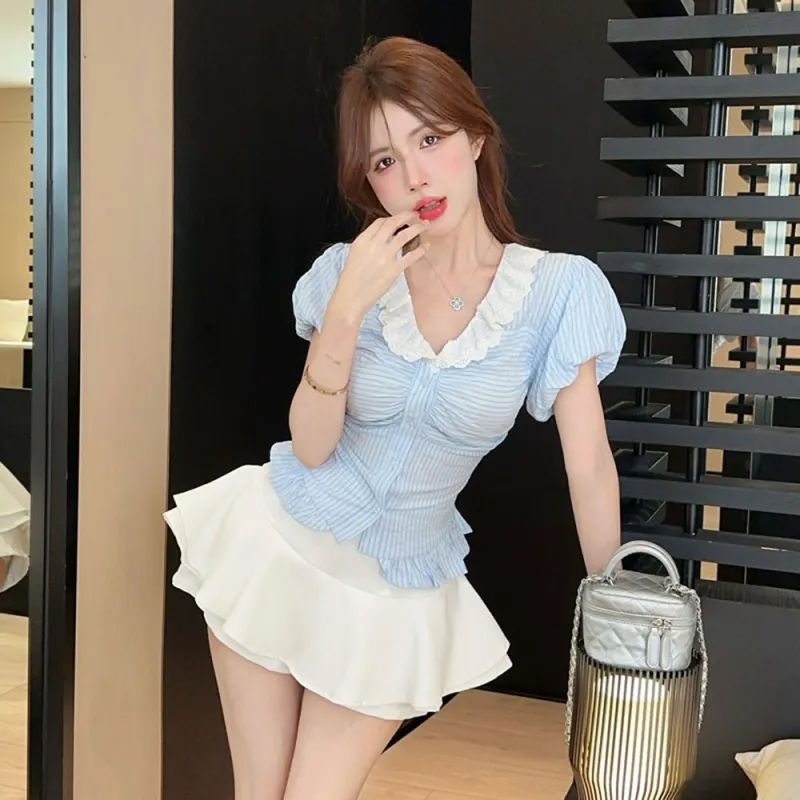 Garbege Skirt Set Women's Blue White-1