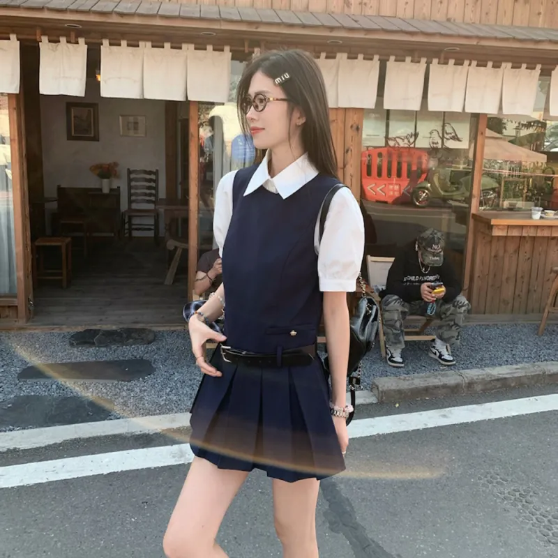 Garbege Two Piece Skirt Sets Women's White Top Navy Blue Dress-2