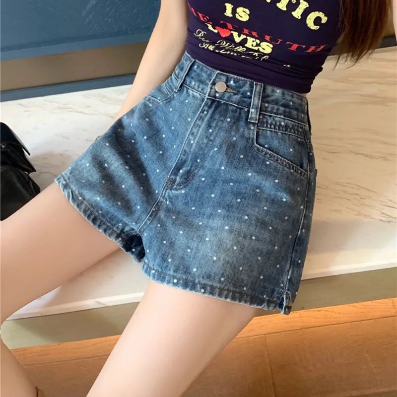 Garbege Denim Shorts Women's Blue Polka Dot Hot Pants-6