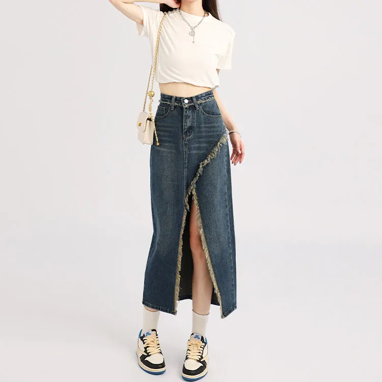 Garbege Denim Long Skirts Women's Blue-2