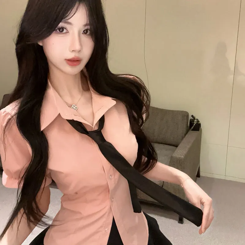 Garbege Uniforms Women's Pink Shirt+Black Skirt Tie Clothing Sets-3