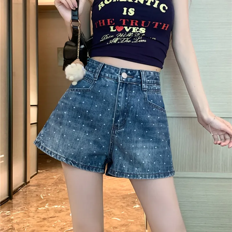 Garbege Denim Shorts Women's Blue Polka Dot Hot Pants-5