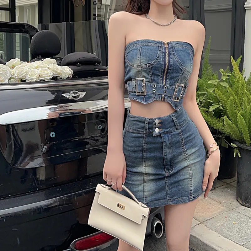 Garbege Skirt Set Women's Denim Blue Set-4