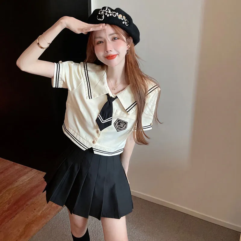 Garbege Uniforms Women's Apricot Shirt Bow Tie Black Skirt Set-5