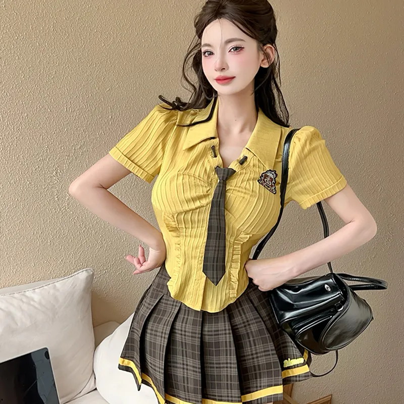 Garbege Uniforms Women's Yellow Top Tie+Gray Skirt Set-2